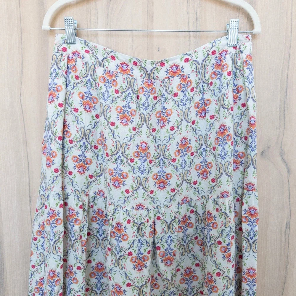 Cynthia Rowley Linen Maxi Skirt Medium Floral Damask Tiered Boho Cottage Coastal